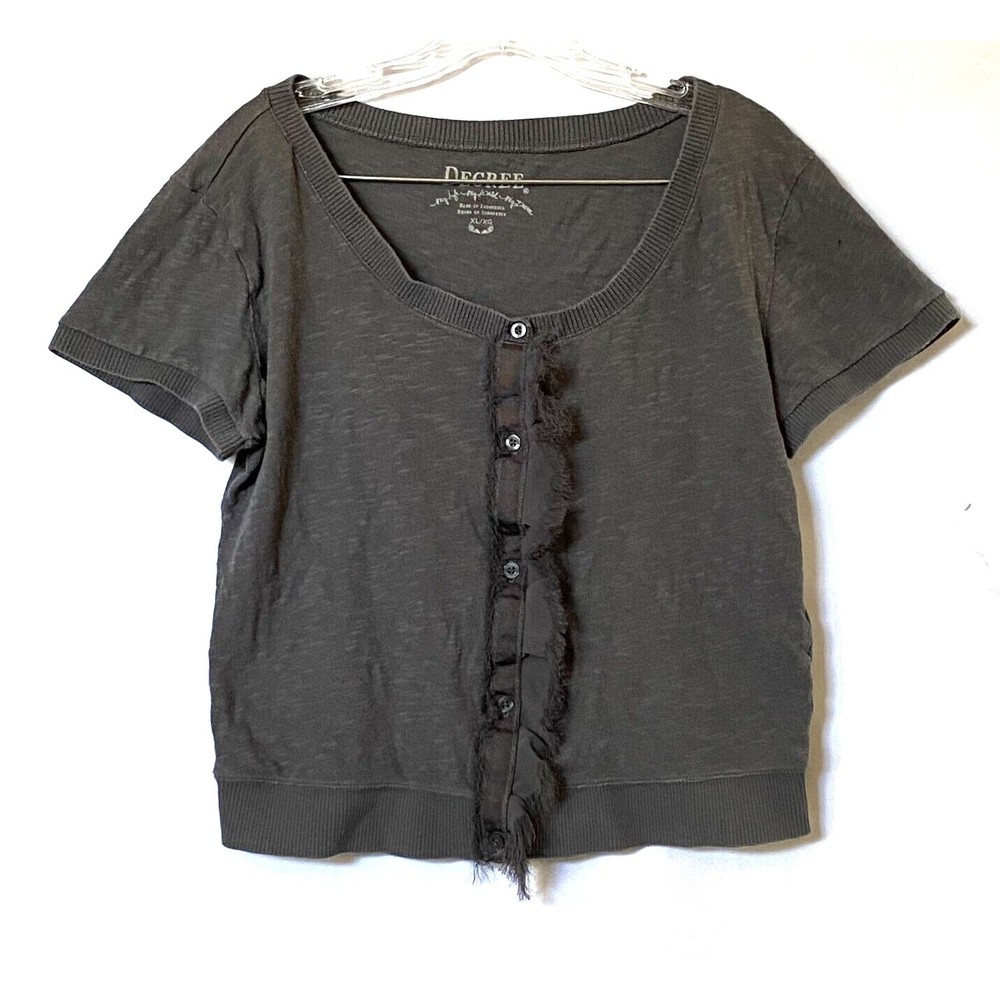 Decree Sweater Womens XL Gray Button Down Fringe Short Sleeves FLAW